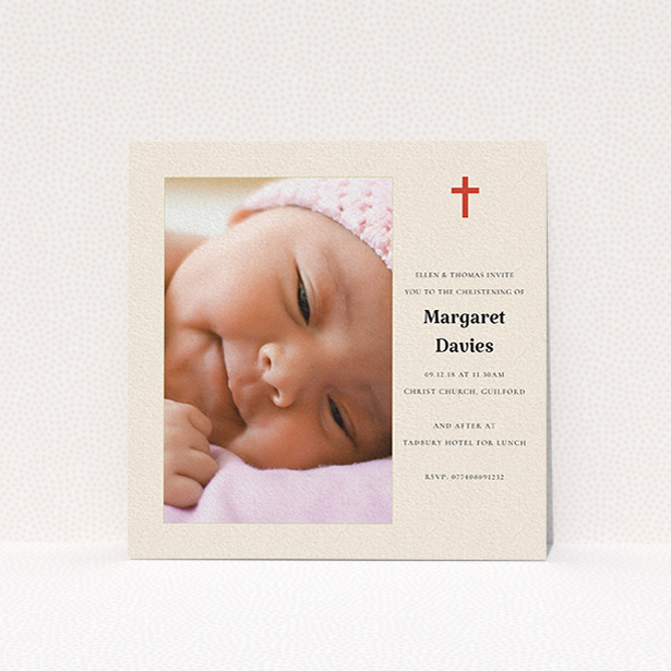 A baptism invitation template titled "Red and Cream". It is a square (148mm x 148mm) invite card in a square orientation. It is a photographic baptism invitation with room for 1 photo. "Red and Cream" is available as a flat invite card, with tones of red and cream.