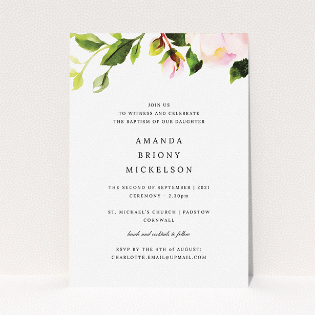 A baptism invitation named "Rose Ceiling". It is an A5 invite card in a portrait orientation. "Rose Ceiling" is available as a flat invite card, with tones of pink and green.