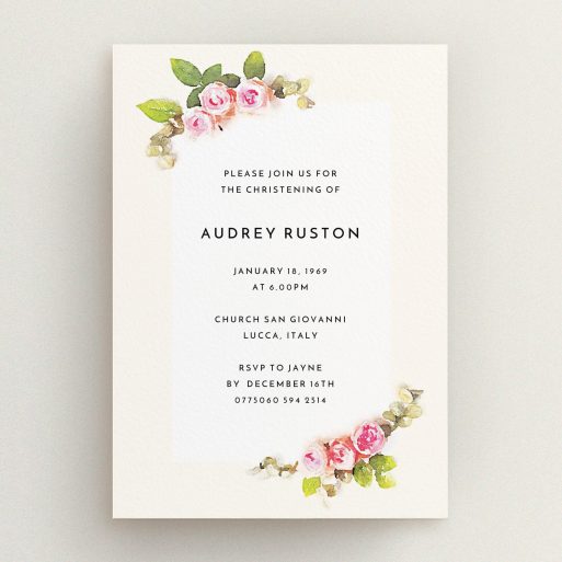 Baptism Invitation Design - "Rose Corners" A baptism invitation design titled "Rose Corners". It is an A5 invite card in a portrait orientation. "Rose Corners" is available as a flat invite card, with tones of light pink and green.