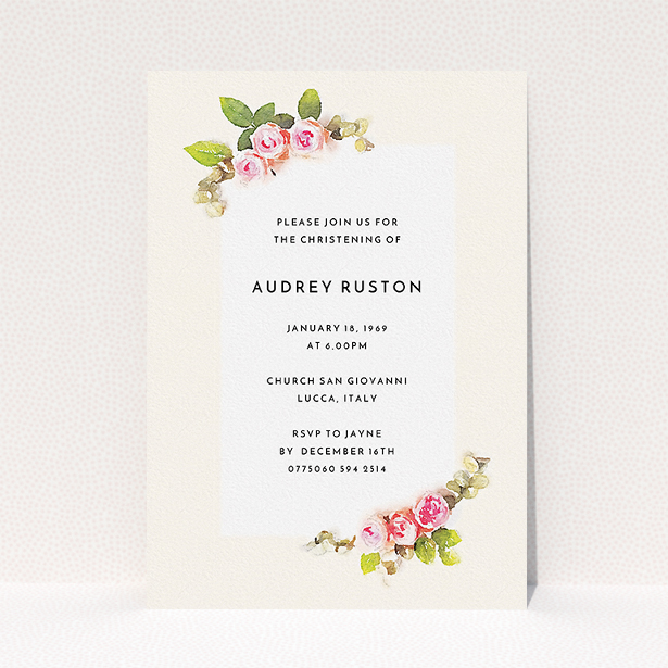 A baptism invitation design titled "Rose Corners". It is an A5 invite card in a portrait orientation. "Rose Corners" is available as a flat invite card, with tones of light pink and green.