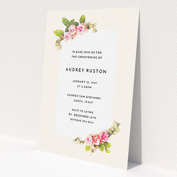 A baptism invitation design titled 'Rose Corners'. It is an A5 invite card in a portrait orientation. 'Rose Corners' is available as a flat invite card, with tones of light pink and green.