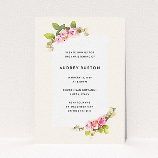 A baptism invitation design named "Rose Corners". It is an A6 invite card in a portrait orientation. "Rose Corners" is available as a flat invite card, with tones of light pink and green.