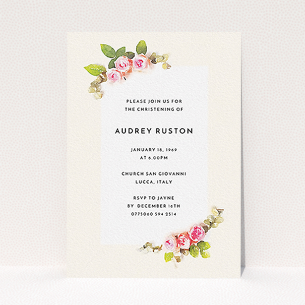 A baptism invitation design named "Rose Corners". It is an A6 invite card in a portrait orientation. "Rose Corners" is available as a flat invite card, with tones of light pink and green.