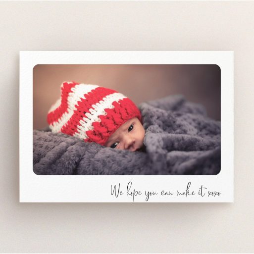 Baptism Invitation Design - "Rounded Landscape Photo" A baptism invitation design named "Rounded Landscape Photo". It is an A5 invite card in a landscape orientation. It is a photographic baptism invitation with room for 1 photo. "Rounded Landscape Photo" is available as a flat invite card, with mainly white colouring.