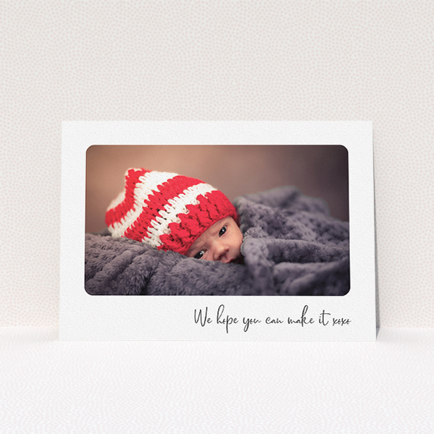 A baptism invitation design named "Rounded Landscape Photo". It is an A5 invite card in a landscape orientation. It is a photographic baptism invitation with room for 1 photo. "Rounded Landscape Photo" is available as a flat invite card, with mainly white colouring.