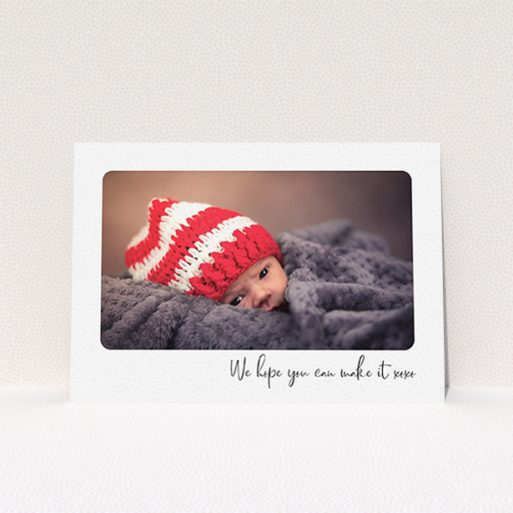 A baptism invitation design called "Rounded Landscape Photo". It is an A6 invite card in a landscape orientation. It is a photographic baptism invitation with room for 1 photo. "Rounded Landscape Photo" is available as a flat invite card, with mainly white colouring.