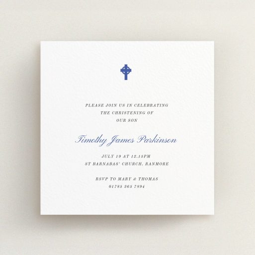 Baptism Invitation Design - "Royal Blue Cross" A baptism invitation template titled "Royal Blue Cross". It is a square (148mm x 148mm) invite card in a square orientation. "Royal Blue Cross" is available as a flat invite card, with tones of white and blue.