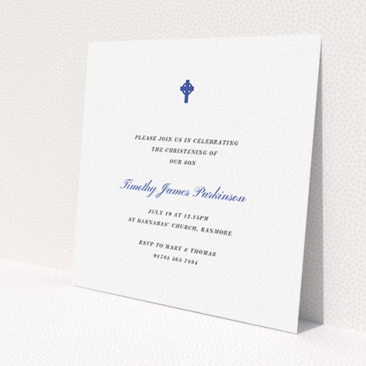 A baptism invitation template titled 'Royal Blue Cross'. It is a square (148mm x 148mm) invite card in a square orientation. 'Royal Blue Cross' is available as a flat invite card, with tones of white and blue.