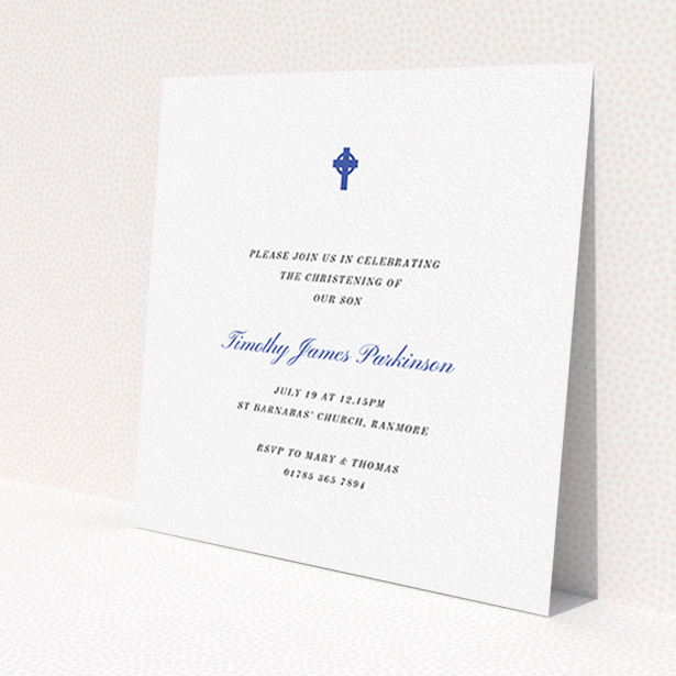 A baptism invitation template titled "Royal Blue Cross". It is a square (148mm x 148mm) invite card in a square orientation. "Royal Blue Cross" is available as a flat invite card, with tones of white and blue.