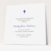 A baptism invitation template titled "Royal Blue Cross". It is a square (148mm x 148mm) invite card in a square orientation. "Royal Blue Cross" is available as a flat invite card, with tones of white and blue.