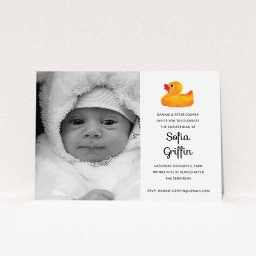 A baptism invitation called "Rubber Ducky". It is an A5 invite card in a landscape orientation. It is a photographic baptism invitation with room for 1 photo. "Rubber Ducky" is available as a flat invite card, with tones of orange and white.