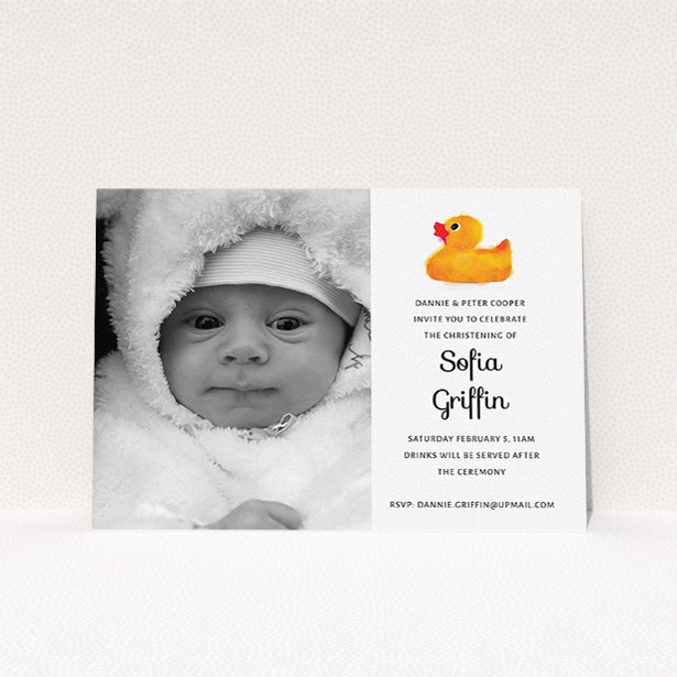 A baptism invitation called "Rubber Ducky". It is an A5 invite card in a landscape orientation. It is a photographic baptism invitation with room for 1 photo. "Rubber Ducky" is available as a flat invite card, with tones of orange and white.