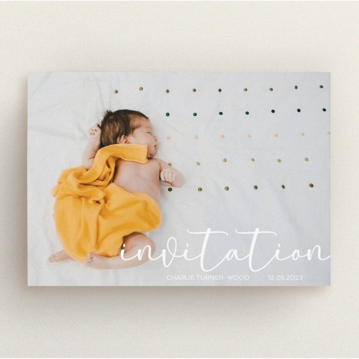 Baptism Invitation Design - "Salamanca" A baptism invitation called "Salamanca". It is an A5 invite card in a landscape orientation. It is a photographic baptism invitation with room for 1 photo. "Salamanca" is available as a flat invite card, with mainly white colouring.