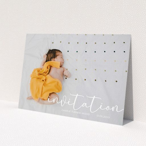 A baptism invitation called 'Salamanca'. It is an A5 invite card in a landscape orientation. It is a photographic baptism invitation with room for 1 photo. 'Salamanca' is available as a flat invite card, with mainly white colouring.