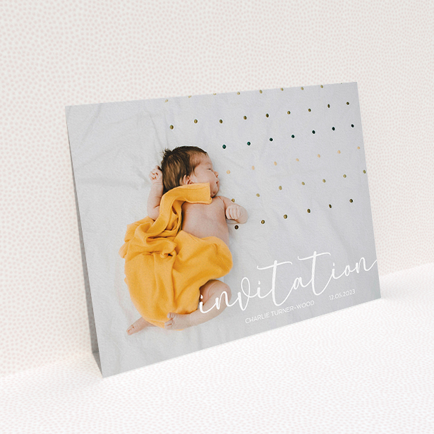 A baptism invitation called "Salamanca". It is an A5 invite card in a landscape orientation. It is a photographic baptism invitation with room for 1 photo. "Salamanca" is available as a flat invite card, with mainly white colouring.