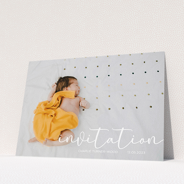 A baptism invitation called "Salamanca". It is an A5 invite card in a landscape orientation. It is a photographic baptism invitation with room for 1 photo. "Salamanca" is available as a flat invite card, with mainly white colouring.