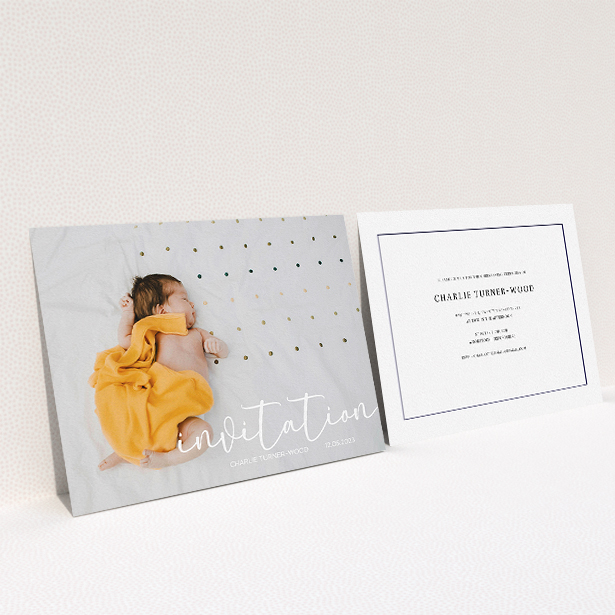 A baptism invitation called "Salamanca". It is an A5 invite card in a landscape orientation. It is a photographic baptism invitation with room for 1 photo. "Salamanca" is available as a flat invite card, with mainly white colouring.