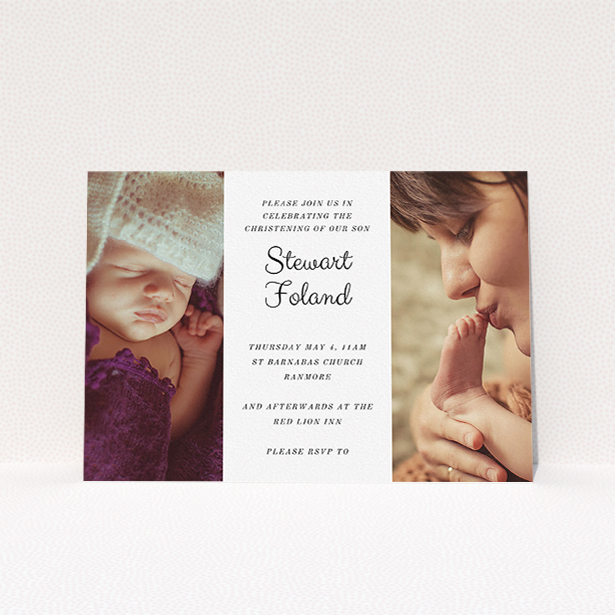 A baptism invitation called "Sandwich Frame". It is an A5 invite card in a landscape orientation. It is a photographic baptism invitation with room for 2 photos. "Sandwich Frame" is available as a flat invite card, with mainly white colouring.