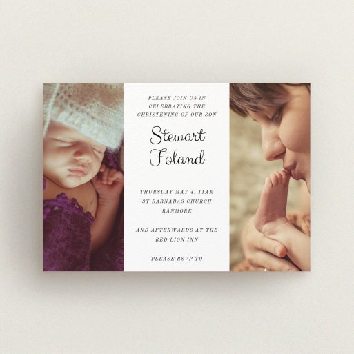 Baptism Invitation Design - "Sandwich Frame" A baptism invitation design called "Sandwich Frame". It is an A6 invite card in a landscape orientation. It is a photographic baptism invitation with room for 2 photos. "Sandwich Frame" is available as a flat invite card, with mainly white colouring.
