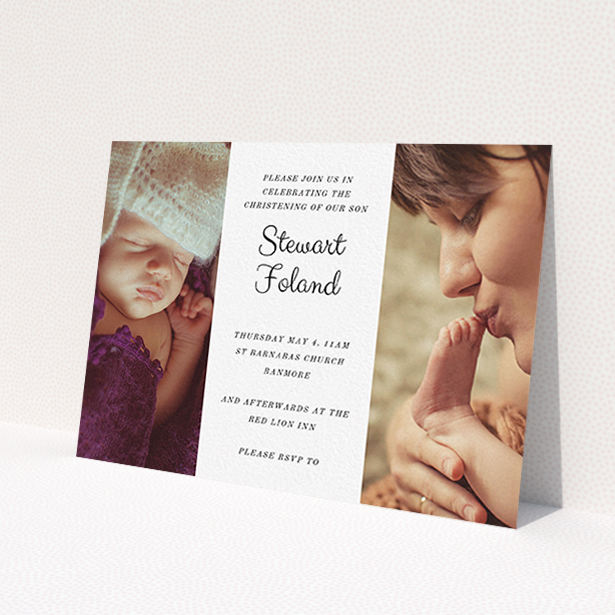 A baptism invitation design called "Sandwich Frame". It is an A6 invite card in a landscape orientation. It is a photographic baptism invitation with room for 2 photos. "Sandwich Frame" is available as a flat invite card, with mainly white colouring.