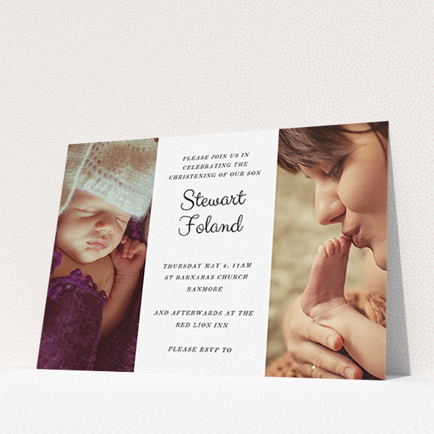 A baptism invitation design called "Sandwich Frame". It is an A6 invite card in a landscape orientation. It is a photographic baptism invitation with room for 2 photos. "Sandwich Frame" is available as a flat invite card, with mainly white colouring.