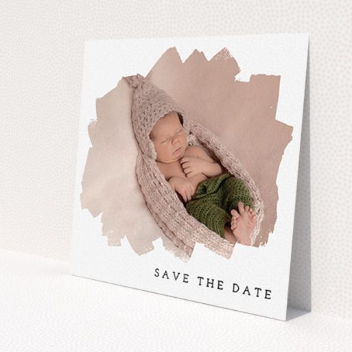 A baptism invitation design titled 'Scruffy Frame'. It is a square (148mm x 148mm) invite card in a square orientation. It is a photographic baptism invitation with room for 1 photo. 'Scruffy Frame' is available as a flat invite card, with mainly white colouring.