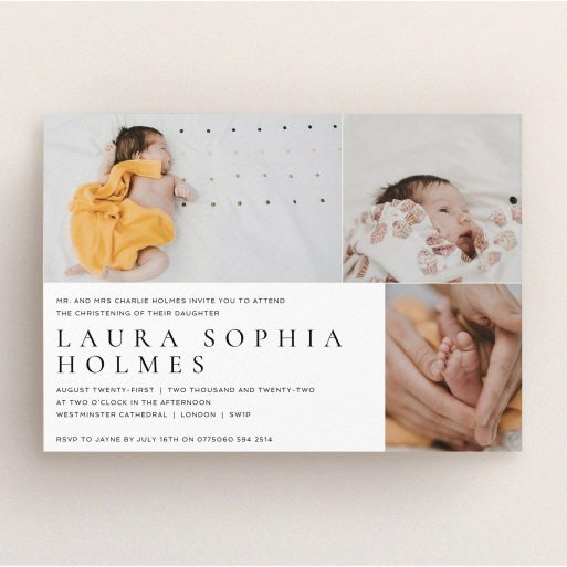 Baptism Invitation Design - "Serif" A baptism invitation design called "Serif". It is an A5 invite card in a landscape orientation. It is a photographic baptism invitation with room for 3 photos. "Serif" is available as a flat invite card, with mainly white colouring.