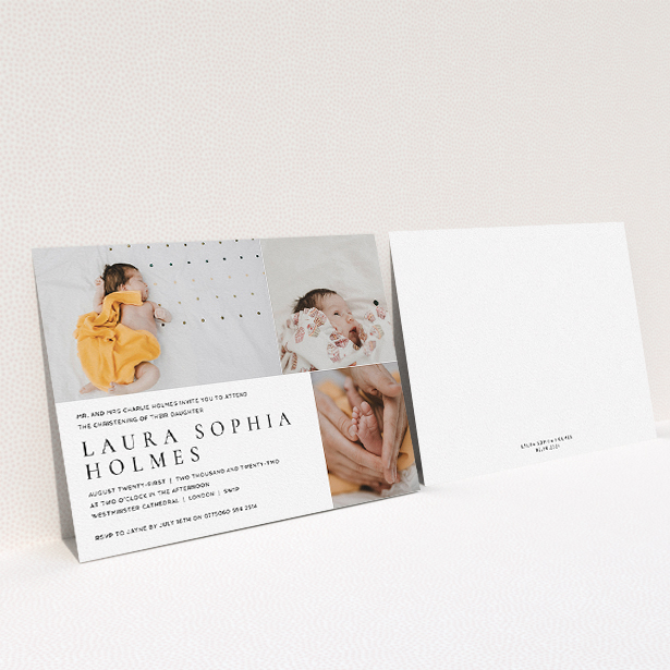 A baptism invitation design called "Serif". It is an A5 invite card in a landscape orientation. It is a photographic baptism invitation with room for 3 photos. "Serif" is available as a flat invite card, with mainly white colouring.