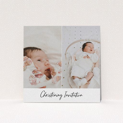 A baptism invitation design named "Side By Side Photo". It is a square (148mm x 148mm) invite card in a square orientation. It is a photographic baptism invitation with room for 2 photos. "Side By Side Photo" is available as a flat invite card, with mainly white colouring.