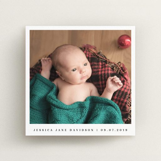Baptism Invitation Design - "Single Classic Photo" A baptism invitation design named "Single Classic Photo". It is a square (148mm x 148mm) invite card in a square orientation. It is a photographic baptism invitation with room for 1 photo. "Single Classic Photo" is available as a flat invite card, with mainly white colouring.