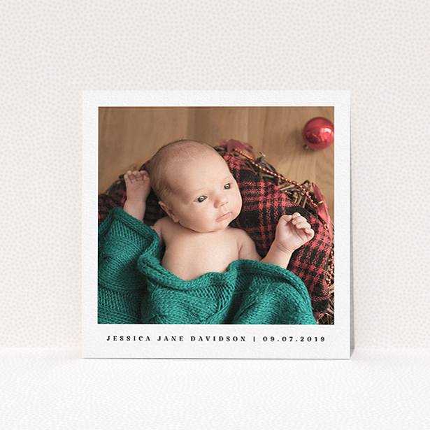 A baptism invitation design named "Single Classic Photo". It is a square (148mm x 148mm) invite card in a square orientation. It is a photographic baptism invitation with room for 1 photo. "Single Classic Photo" is available as a flat invite card, with mainly white colouring.