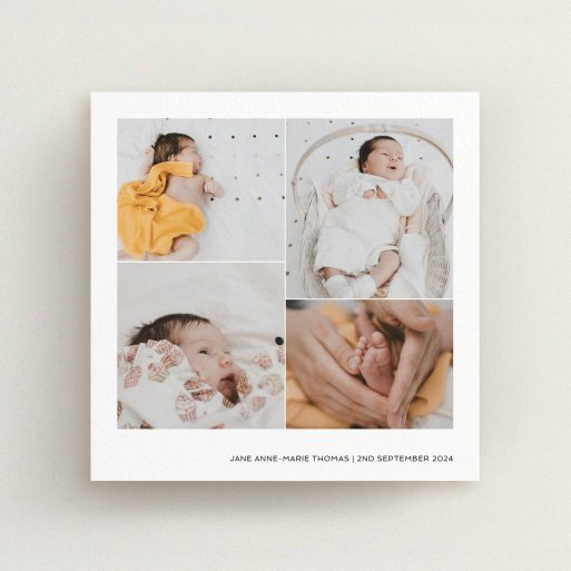 Baptism Invitation Design - "Stacked Photos" A baptism invitation design called "Stacked Photos". It is a square (148mm x 148mm) invite card in a square orientation. It is a photographic baptism invitation with room for 4 photos. "Stacked Photos" is available as a flat invite card, with mainly white colouring.