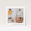 A baptism invitation design called "Stacked Photos". It is a square (148mm x 148mm) invite card in a square orientation. It is a photographic baptism invitation with room for 4 photos. "Stacked Photos" is available as a flat invite card, with mainly white colouring.