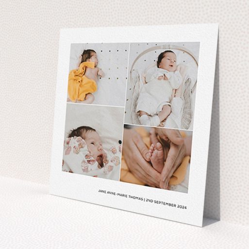 A baptism invitation design called 'Stacked Photos'. It is a square (148mm x 148mm) invite card in a square orientation. It is a photographic baptism invitation with room for 4 photos. 'Stacked Photos' is available as a flat invite card, with mainly white colouring.