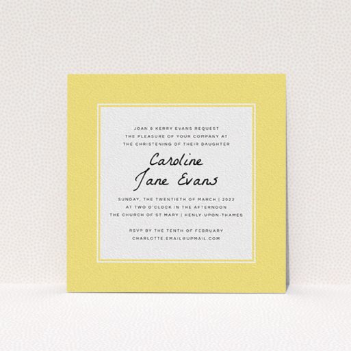 A baptism invitation design titled "Sunny Tradition". It is a square (148mm x 148mm) invite card in a square orientation. "Sunny Tradition" is available as a flat invite card, with tones of yellow and white.