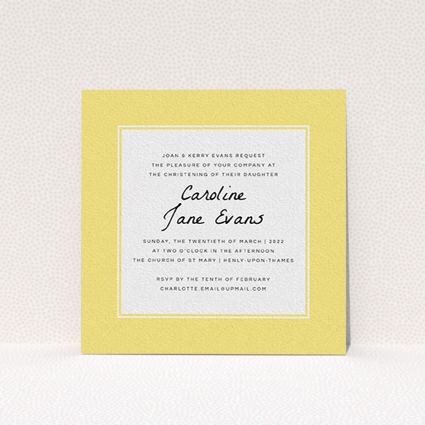 A baptism invitation design titled "Sunny Tradition". It is a square (148mm x 148mm) invite card in a square orientation. "Sunny Tradition" is available as a flat invite card, with tones of yellow and white.