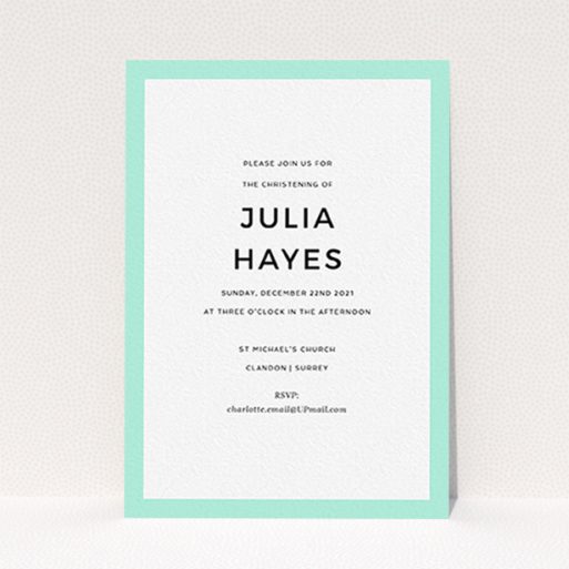 A baptism invitation design called "Thick Mint". It is an A6 invite card in a portrait orientation. "Thick Mint" is available as a flat invite card, with tones of green and white.