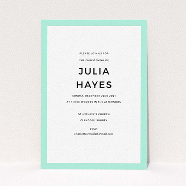 A baptism invitation design called "Thick Mint". It is an A6 invite card in a portrait orientation. "Thick Mint" is available as a flat invite card, with tones of green and white.