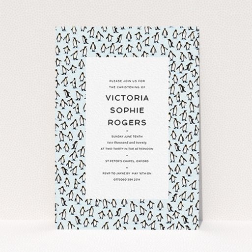 A baptism invitation design titled "Tiny, Tiny Penguins". It is an A6 invite card in a portrait orientation. "Tiny, Tiny Penguins" is available as a flat invite card, with tones of blue and black.