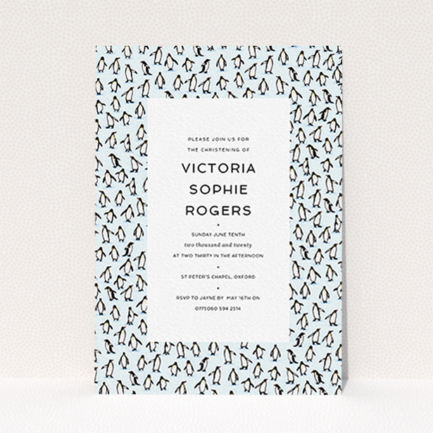 A baptism invitation design titled "Tiny, Tiny Penguins". It is an A6 invite card in a portrait orientation. "Tiny, Tiny Penguins" is available as a flat invite card, with tones of blue and black.