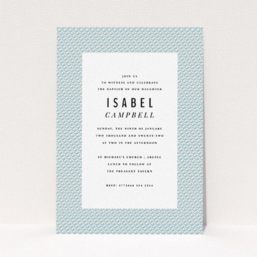 A baptism invitation called "Tiny, tiny Sea Lions". It is an A6 invite card in a portrait orientation. "Tiny, tiny Sea Lions" is available as a flat invite card, with tones of blue and green.