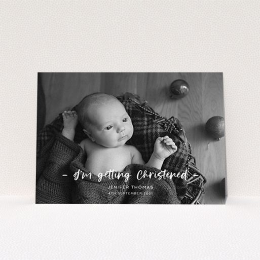 A baptism invitation design named "To the Point". It is an A6 invite card in a landscape orientation. It is a photographic baptism invitation with room for 1 photo. "To the Point" is available as a flat invite card, with mainly white colouring.