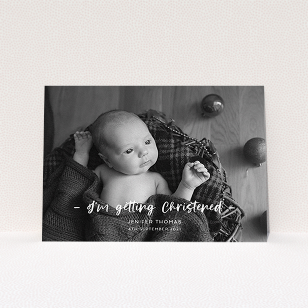 A baptism invitation design named "To the Point". It is an A6 invite card in a landscape orientation. It is a photographic baptism invitation with room for 1 photo. "To the Point" is available as a flat invite card, with mainly white colouring.
