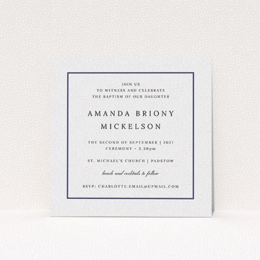 A baptism invitation design called "Tradition". It is a square (148mm x 148mm) invite card in a square orientation. "Tradition" is available as a flat invite card, with tones of white and blue.