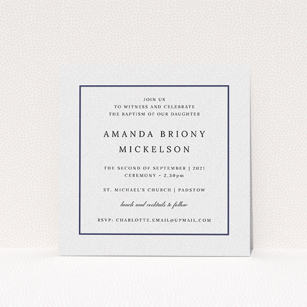 A baptism invitation design called "Tradition". It is a square (148mm x 148mm) invite card in a square orientation. "Tradition" is available as a flat invite card, with tones of white and blue.