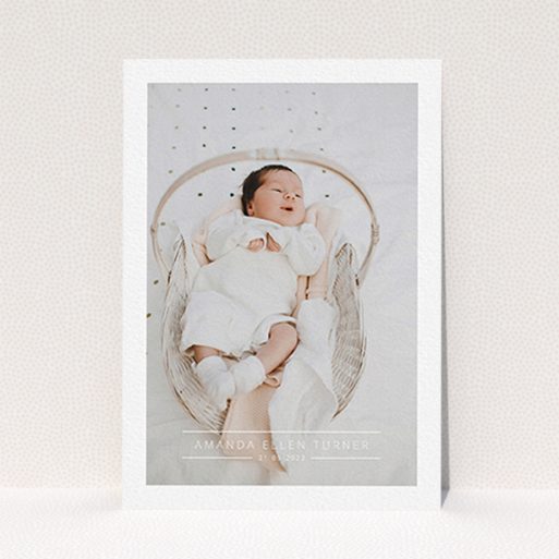 A baptism invitation template titled "Tramlines". It is an A6 invite card in a portrait orientation. It is a photographic baptism invitation with room for 1 photo. "Tramlines" is available as a flat invite card, with mainly white colouring.