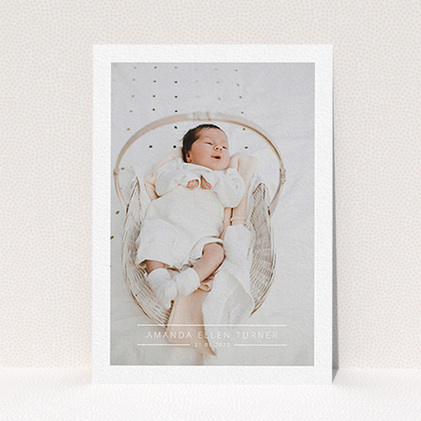 A baptism invitation template titled "Tramlines". It is an A6 invite card in a portrait orientation. It is a photographic baptism invitation with room for 1 photo. "Tramlines" is available as a flat invite card, with mainly white colouring.