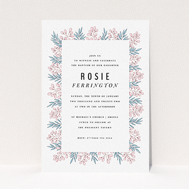 A baptism invitation design called "Tussled Blossom". It is an A6 invite card in a portrait orientation. "Tussled Blossom" is available as a flat invite card, with tones of blue and pink.