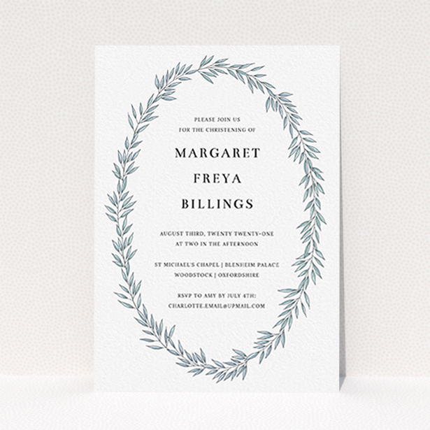 A baptism invitation design titled "Tussled Wreath". It is an A6 invite card in a portrait orientation. "Tussled Wreath" is available as a flat invite card, with tones of blue and white.