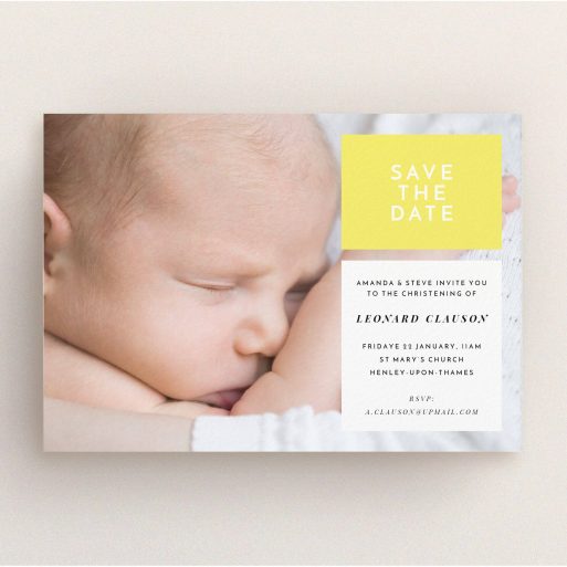 Baptism Invitation Design - "Two Frames" A baptism invitation template titled "Two Frames". It is an A5 invite card in a landscape orientation. It is a photographic baptism invitation with room for 1 photo. "Two Frames" is available as a flat invite card, with tones of yellow and white.
